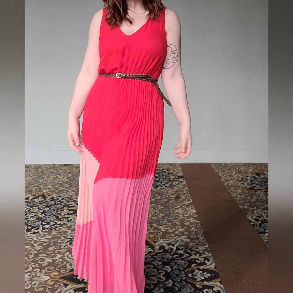 Red/Pink Pleated Maxi Dress - Size 8